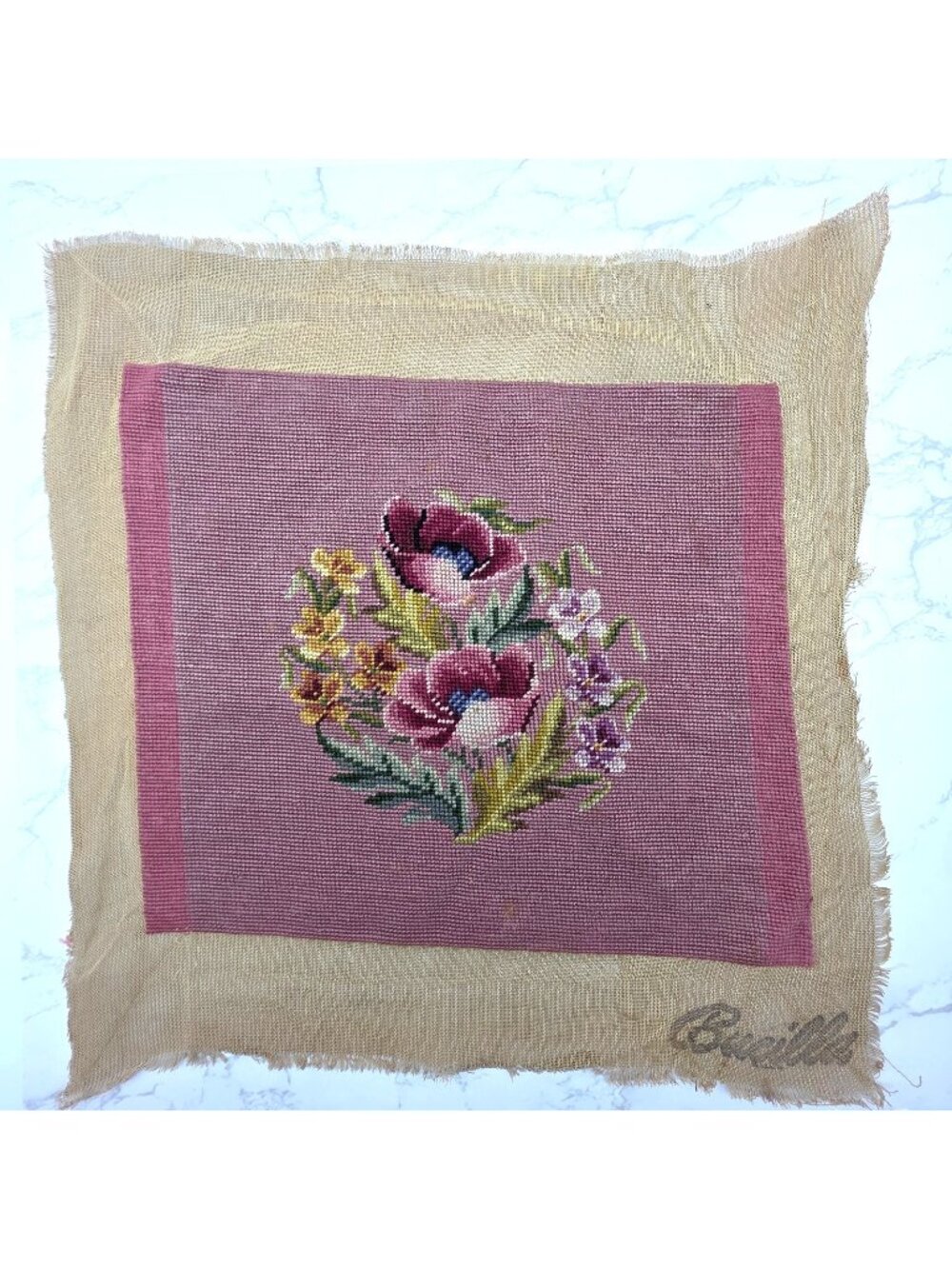 Vintage Bucilla Floral Needlepoint Canvas Pre Worked Finished Pillow Chair Cover